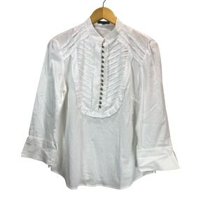 Reba White Cotton Tuxedo Bib Blouse Mandarin Collar 3/4 Sleeve Top Small